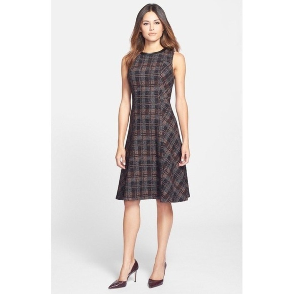 CLASSIQUES ENTIER Stella Tweed A-Line Fit‎ N' Flare Dress Leather Wool Plaid 8